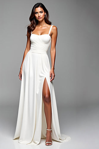 White Backless Ruched Long Rehearsal Dinner Dress with Slit