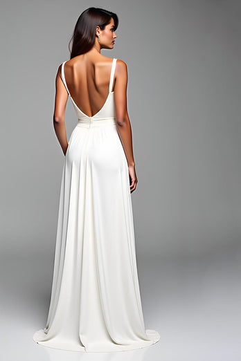 White Backless Ruched Long Rehearsal Dinner Dress with Slit