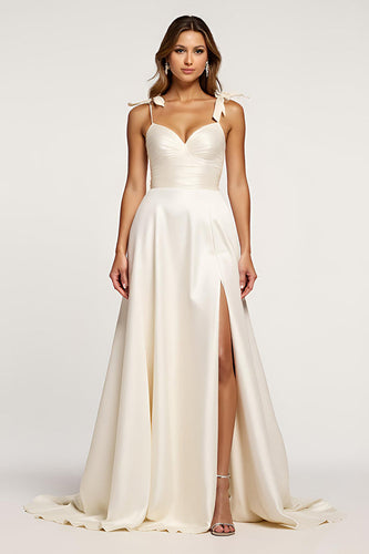 Spaghetti Straps Ivory A Line Long Rehearsal Dinner Dress with Slit