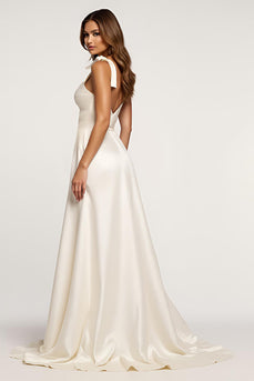 Spaghetti Straps Ivory A Line Long Rehearsal Dinner Dress with Slit