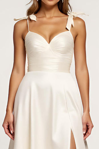 Spaghetti Straps Ivory A Line Long Rehearsal Dinner Dress with Slit