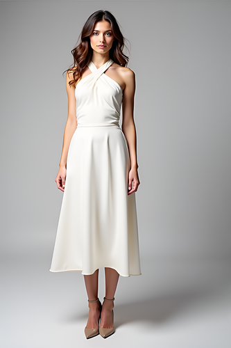 A Line White Halter Neck Long Rehearsal Dinner Dress