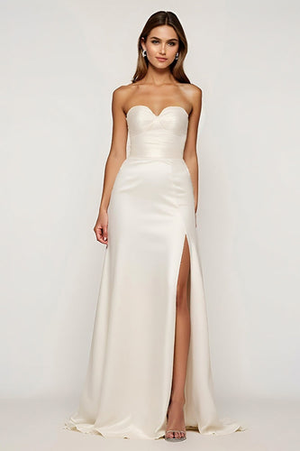 Ivory Strapless Satin Long Rehearsal Dinner Dress with Slit