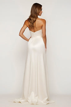 Ivory Strapless Satin Long Rehearsal Dinner Dress with Slit