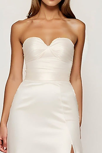 Ivory Strapless Satin Long Rehearsal Dinner Dress with Slit