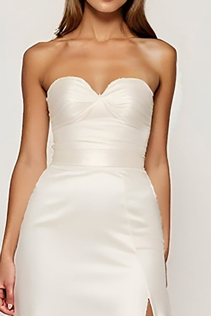 Load image into Gallery viewer, Ivory Strapless Satin Long Rehearsal Dinner Dress with Slit