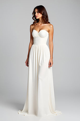 Sweetheart White Backless Ruched Long Rehearsal Dinner Dress