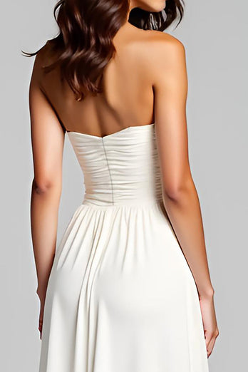 Sweetheart White Backless Ruched Long Rehearsal Dinner Dress