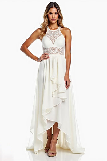 Halter Neck White A Line High-Low Rehearsal Dinner Dress