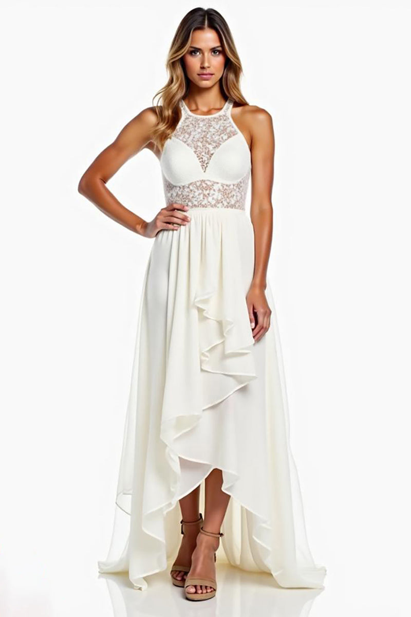 Load image into Gallery viewer, Halter Neck White A Line High-Low Rehearsal Dinner Dress