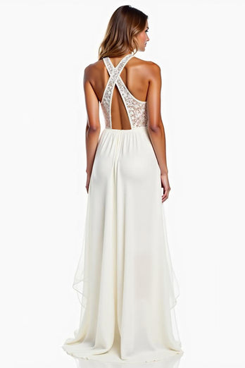 Halter Neck White A Line High-Low Rehearsal Dinner Dress