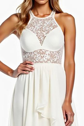 Halter Neck White A Line High-Low Rehearsal Dinner Dress