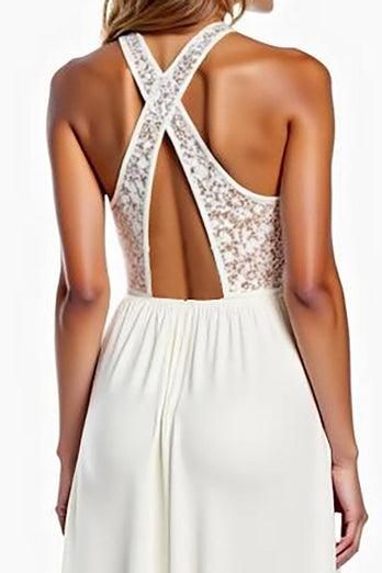 Halter Neck White A Line High-Low Rehearsal Dinner Dress