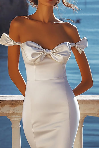 Satin White Bowknot Long Rehearsal Dinner Dress with Slit