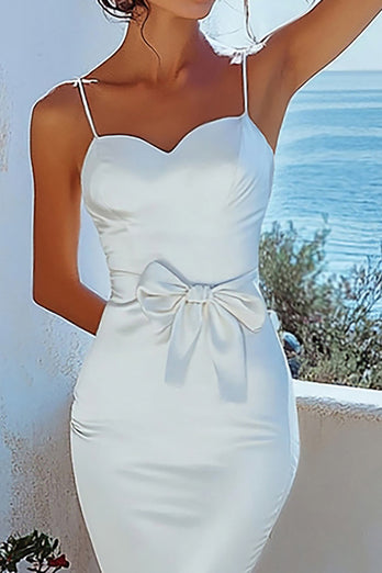 Spaghetti Straps White Satin Long Rehearsal Dinner Dress with Bowknot