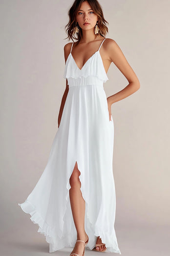 White V-Neck Flowy Graduation Dress with Slit