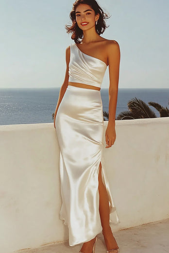 Ivory 2 Piece One Shoulder Sheath Graduation Dress with Slit