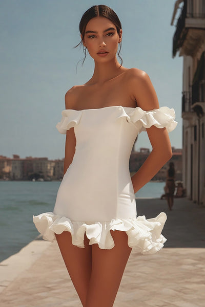 White Bodycon Off the Shoulder Satin Mini Graduation Dress with Ruffles