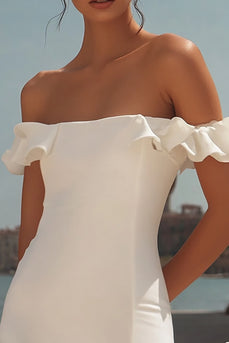 White Bodycon Off the Shoulder Satin Mini Graduation Dress with Ruffles