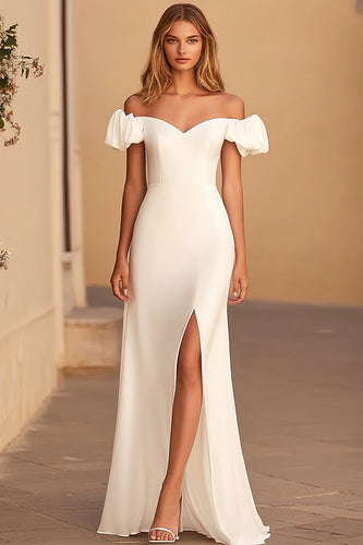 White Off the Shoulder Satin Long Graduation Dress with Puff Sleeves