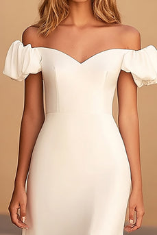 White Off the Shoulder Satin Long Graduation Dress with Puff Sleeves