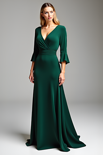 Dark Green V-Neck Long Mother of the Bride Dress with Half Sleeves