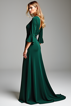 Dark Green V-Neck Long Mother of the Bride Dress with Half Sleeves