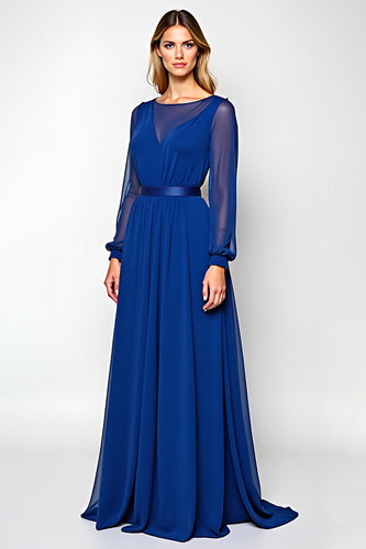 Royal Blue Scoop Ruched Mother of the Bride Dress with Long Sleeves