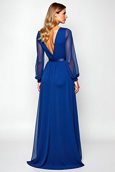 Royal Blue Scoop Ruched Mother of the Bride Dress with Long Sleeves