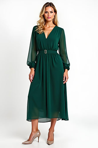 A Line Dark Green Chiffon Tea-Length Mother of the Bride Dress