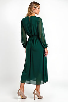 A Line Dark Green Chiffon Tea-Length Mother of the Bride Dress