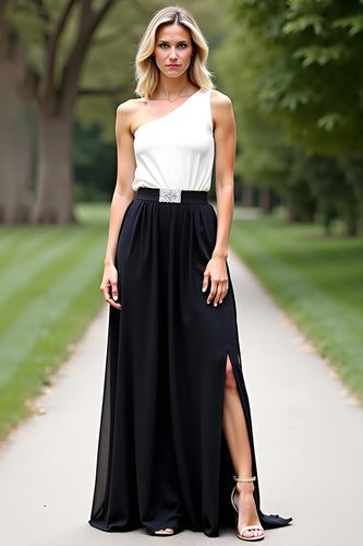 One Shoulder White Black A Line Long Mother of the Bride Dress