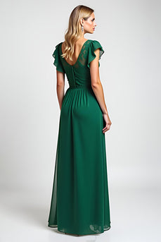 Scoop Dark Green Chiffon Long Mother of the Bride Dress