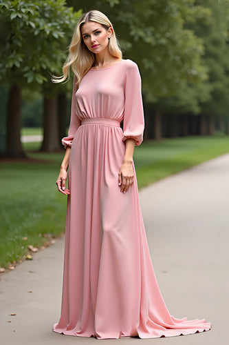 Pink Scoop Half Sleeves Long Mother of the Bride Dress