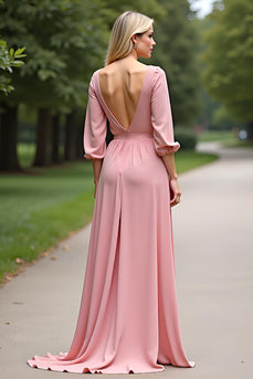 Pink Scoop Half Sleeves Long Mother of the Bride Dress