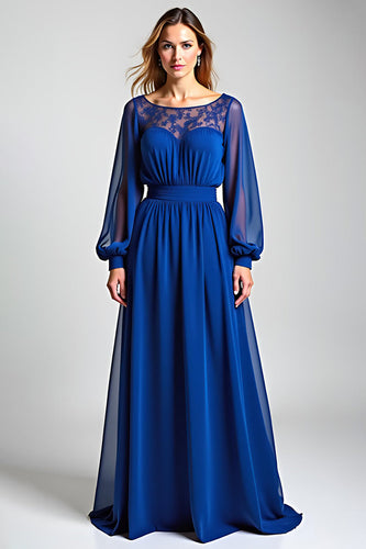 Royal Blue Illusion Neck A Line Long Mother of the Bride Dress