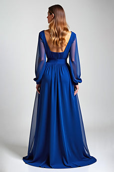 Royal Blue Illusion Neck A Line Long Mother of the Bride Dress