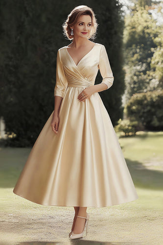 A Line Champagne Half Sleeves Long Mother of the Bride Dress