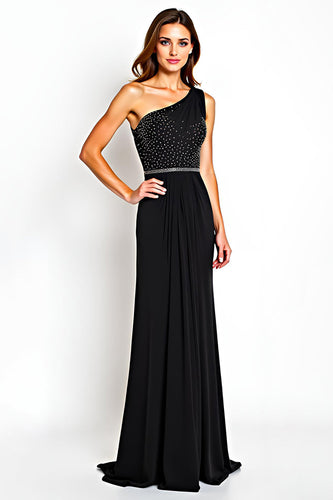 Black One Shoulder Beaded Long Mother of the Bride Dress