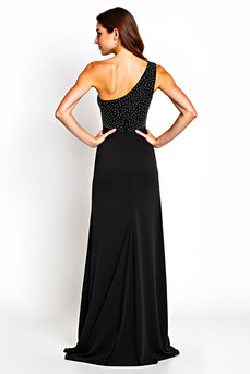 Black One Shoulder Beaded Long Mother of the Bride Dress