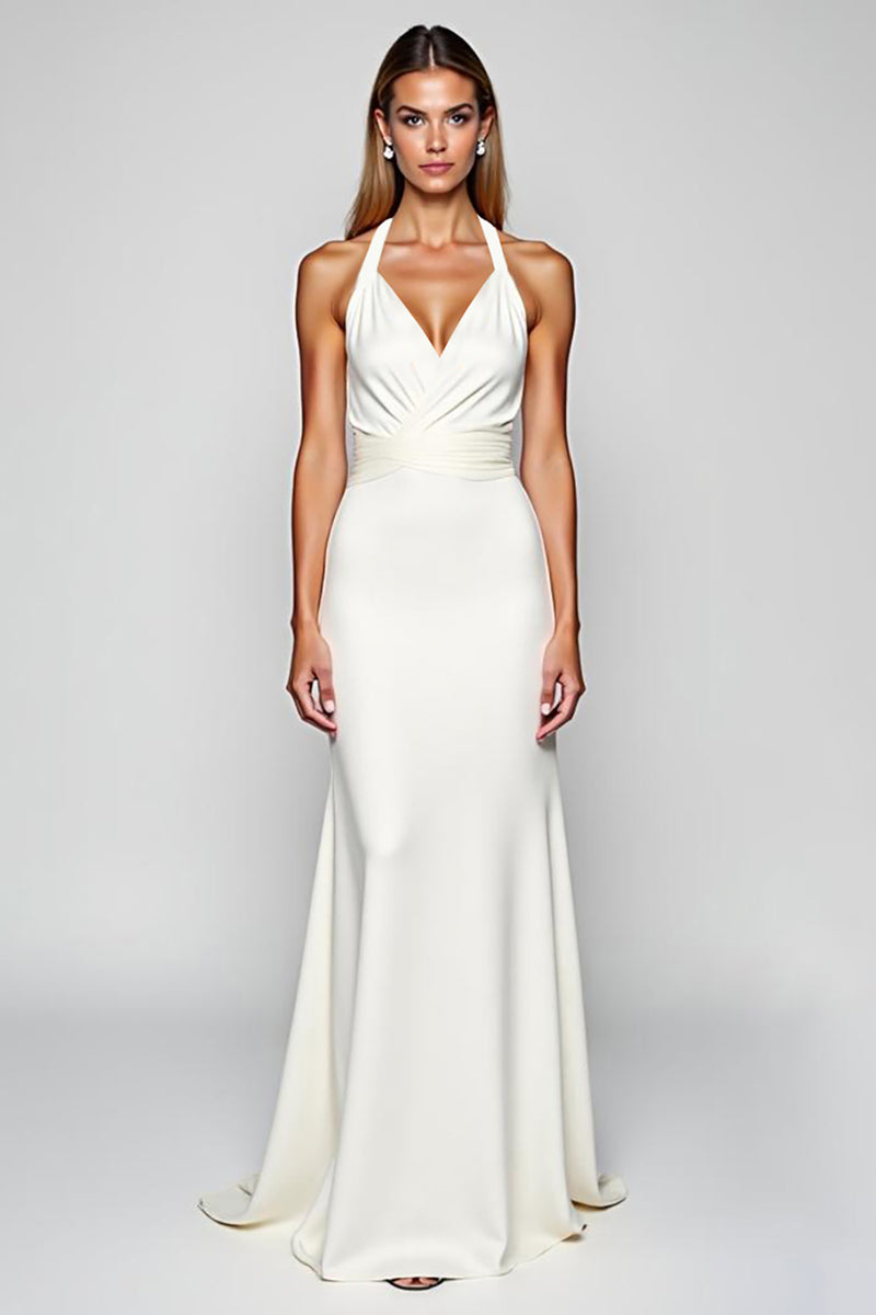 Load image into Gallery viewer, White Halter Sheath Satin Long Graduation Dress