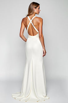 White Halter Sheath Satin Long Graduation Dress