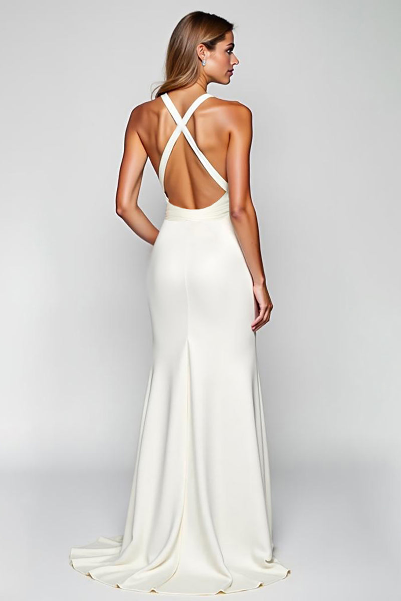 Load image into Gallery viewer, White Halter Sheath Satin Long Graduation Dress