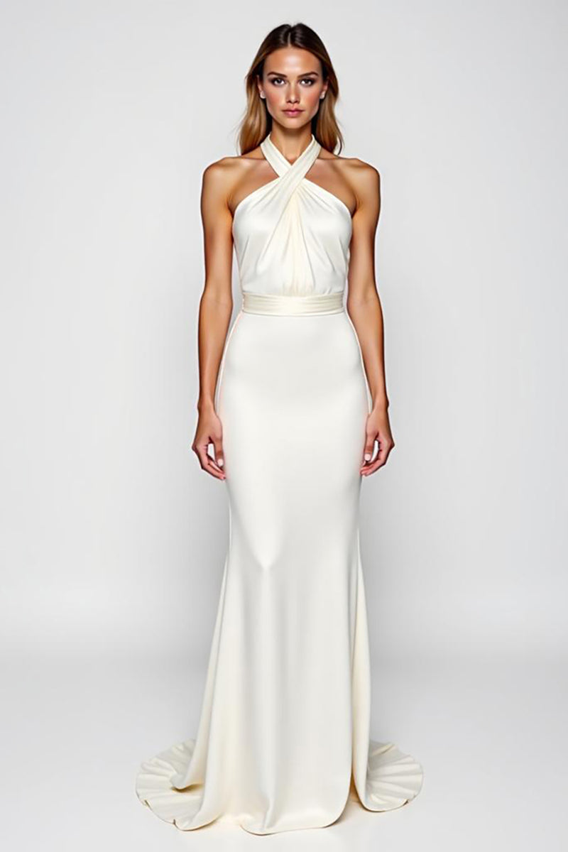 Load image into Gallery viewer, White Halter Mermaid Backless Long Graduation Dress