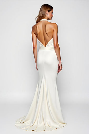 White Halter Mermaid Backless Long Graduation Dress