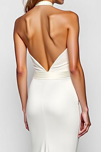 White Halter Mermaid Backless Long Graduation Dress