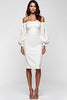 Load image into Gallery viewer, White Off the Shoulder Satin Knee Length Graduation Dress with Long Sleeves