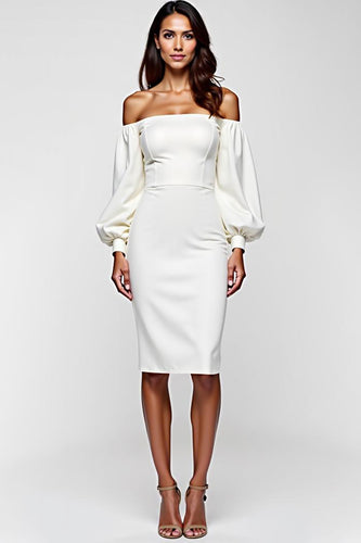 White Off the Shoulder Satin Knee Length Graduation Dress with Long Sleeves