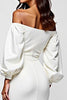 Load image into Gallery viewer, White Off the Shoulder Satin Knee Length Graduation Dress with Long Sleeves