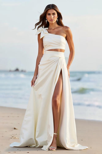 White One Shoulder Satin Long Graduation Dress with Slit